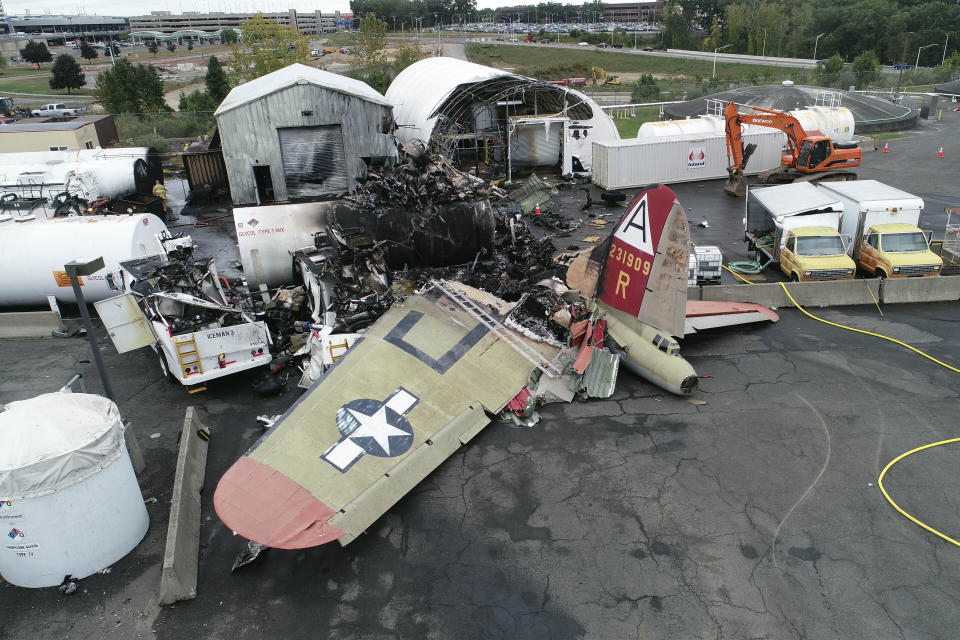 This photo, provided by the National Transportation Safety Board, shows damage from a World War II-era B-17 bomber plane that crashed on Oct. 2, 2019, at Bradley International Airport in Windsor Locks, Conn. The only surviving crew member of the bomber that crashed in Connecticut last year, killing seven people, told investigators that “everything was perfect” before take off and he doesn't understand what went wrong, according to federal documents released Wednesday, Dec. 9, 2020. (NTSB via AP)