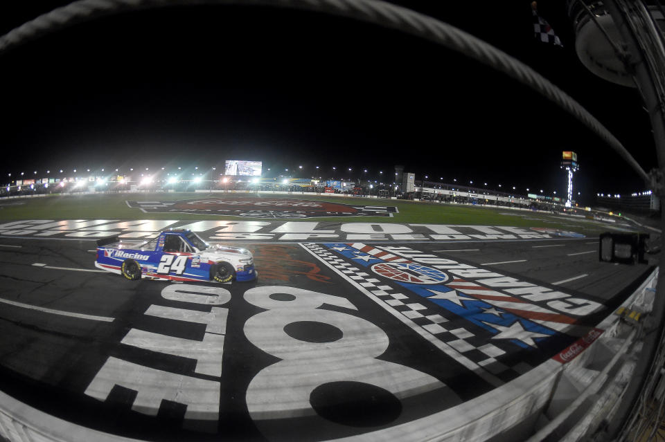 CONCORD, NORTH CAROLINA - MAY 26: Chase Elliott, driver of the #24 iRacing Chevrolet, crosses the finish line to win the NASCAR Gander Outdoors Trucks Series North Carolina Education Lottery 200 at Charlotte Motor Speedway on May 26, 2020 in Concord, North Carolina. (Photo by Jared C. Tilton/Getty Images)