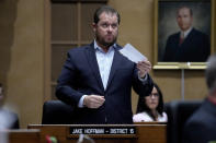 Arizona state senator Jake Hoffman, R-District 15, speaks Wednesday, May 1, 2024, at the Capitol in Phoenix. Democrats secured enough votes in the Arizona Senate to repeal a Civil War-era ban on abortions that the state's highest court recently allowed to take effect. (AP Photo/Matt York)