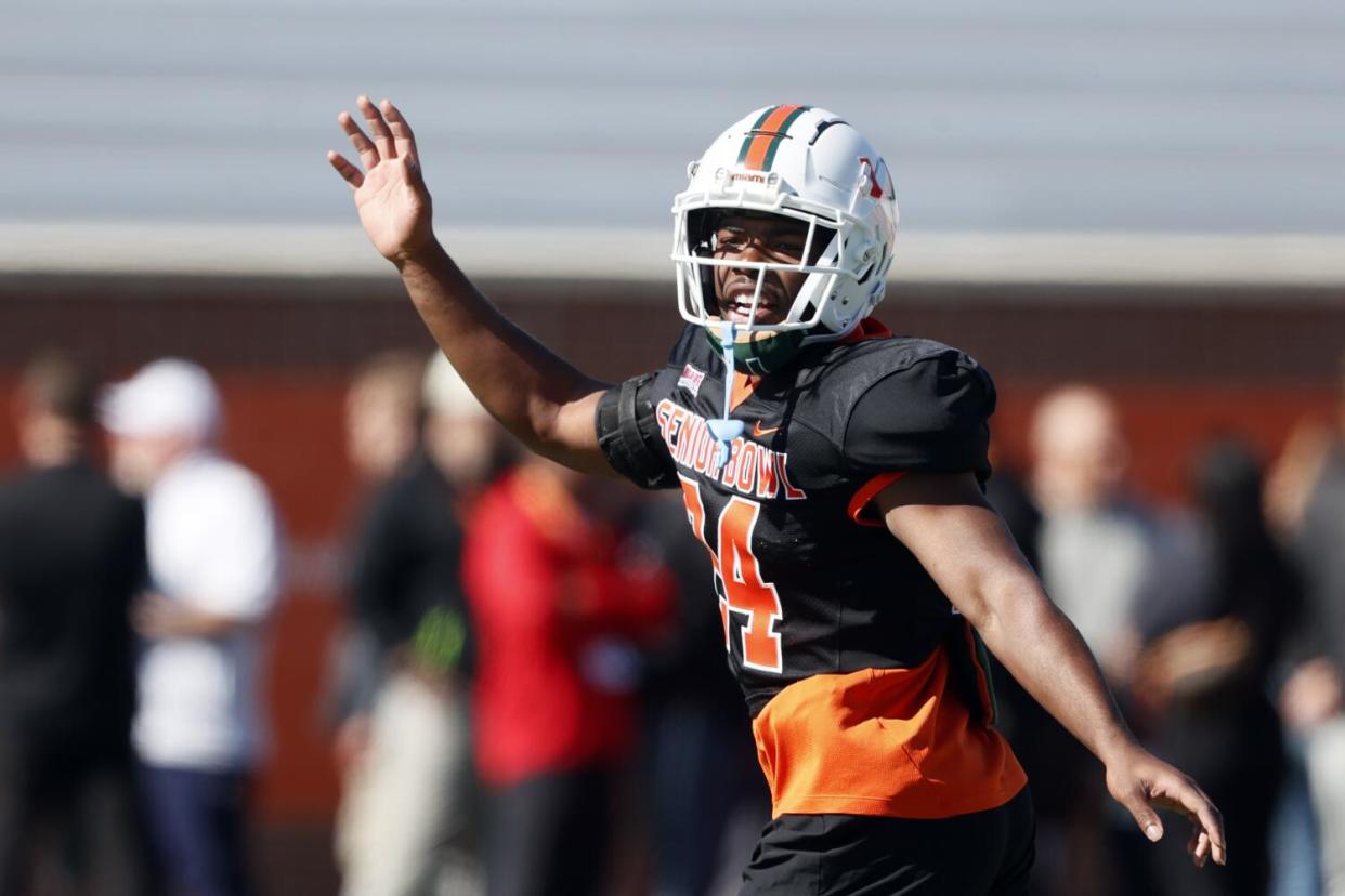 Kamren Kinchens of Miami runs through drills during practice for the Senior Bowl.