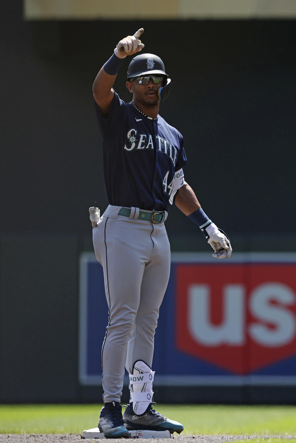 Seattle Mariners' Julio Rodriguez reacts after hitting a double during the first inning of a baseball game against the Seattle Mariners, Wednesday, July 26, 2023, in Minneapolis. (AP Photo/Stacy Bengs)