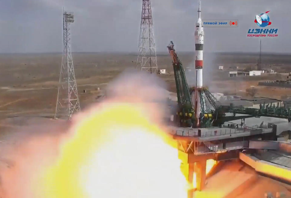 In this grab taken from video footage released by Roscosmos Space Agency the Soyuz-2.1a rocket booster with Soyuz MS-16 space ship carrying a new crew to the International Space Station, ISS, blasts off at the Russian leased Baikonur cosmodrome, Kazakhstan, Thursday, April 9, 2020. The Russian rocket carries U.S. astronaut Chris Cassidy, Russian cosmonauts Anatoly Ivanishin and Ivan Vagner. (Roscosmos Space Agency via AP)