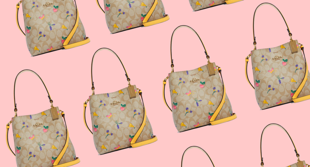 The Coach Outlet Small Town Bucket Bag In Signature Canvas With Dreamy Veggie Print is on sale just in time for spring. 