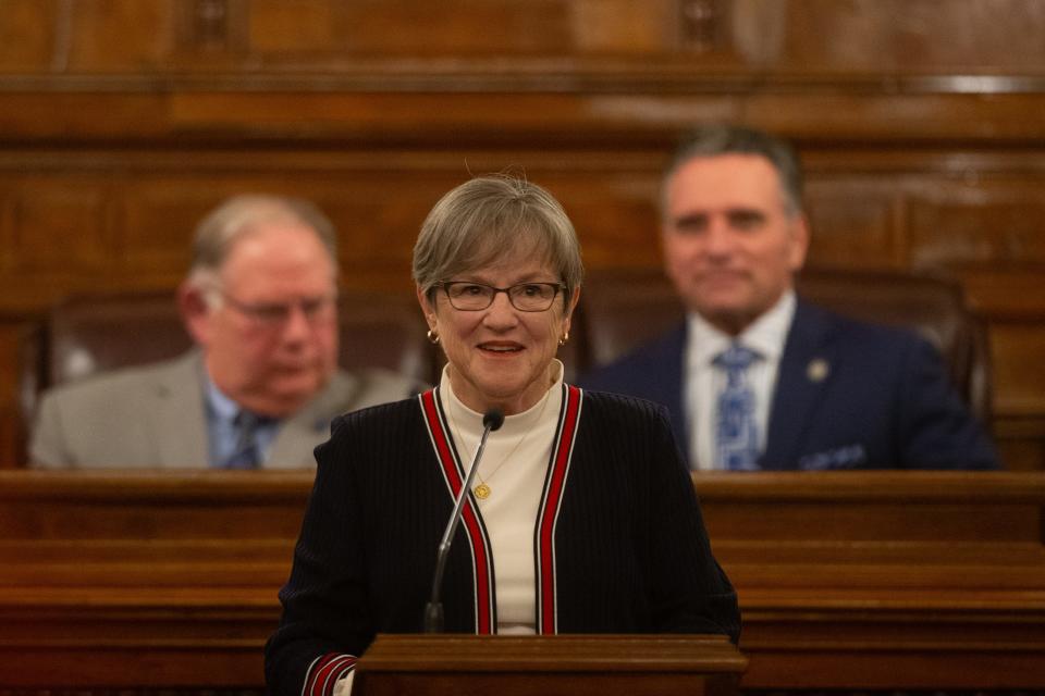 Gov. Laura Kelly begins her State of the State address from the House Chambers Wednesday evening.
