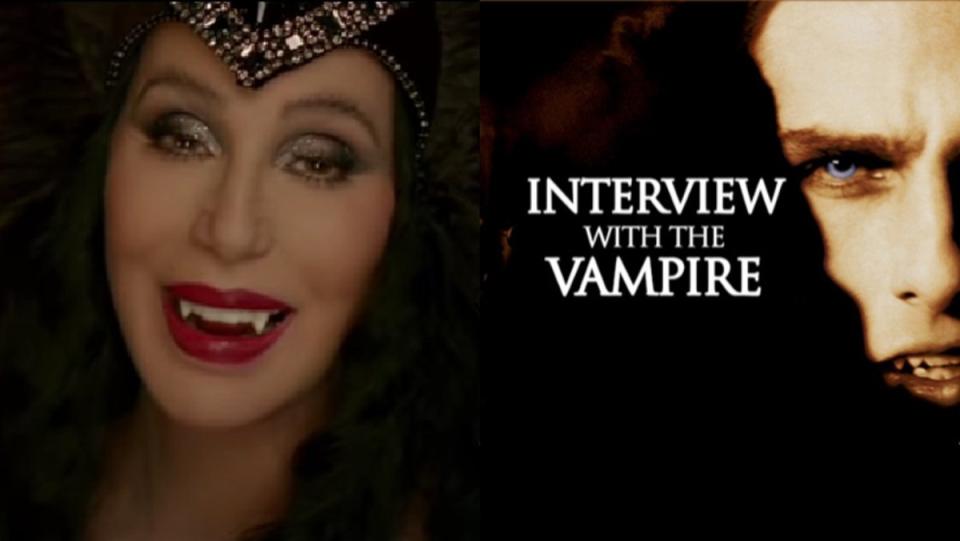 Cher as a vampire in the video for Dressed to Kill/poster art for Interview with the Vampire starring Tom Cruise.