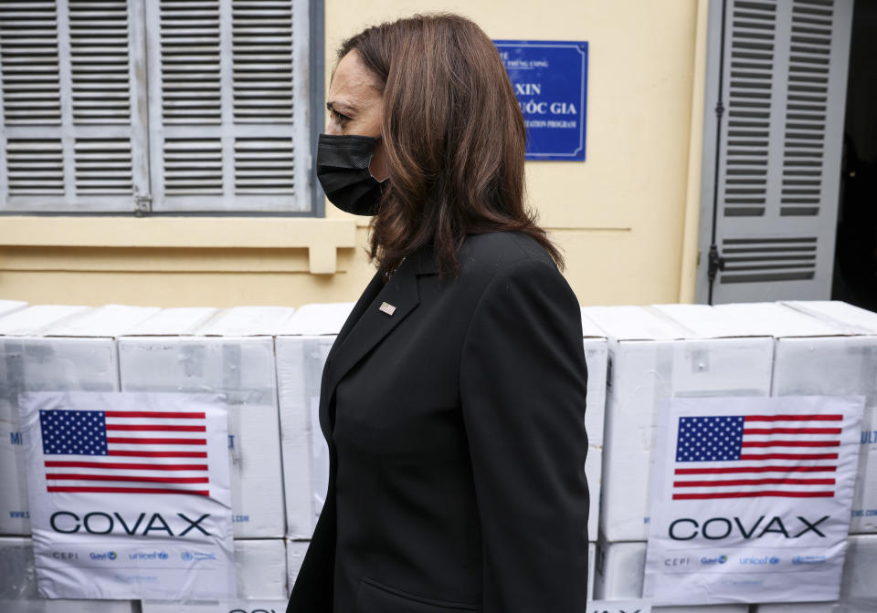 U.S. Vice President Kamala Harris visits the National Institute of Hygiene and Epidemiology (NIHE) where 270,000 doses of Pfizer vaccine arrived earlier in the morning, in Hanoi, Vietnam, Aug. 26, 2021. (Evelyn Hockstein/Pool Photo via AP)