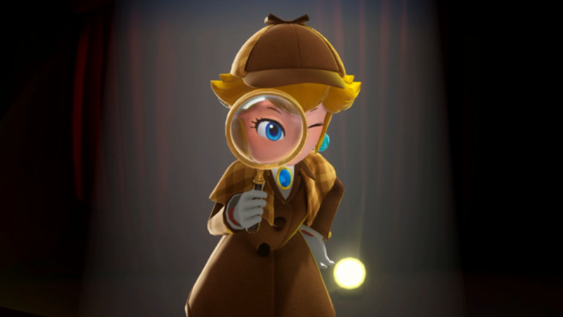 Princess Peach peers through a magnifying glass while wearing a detective costume.