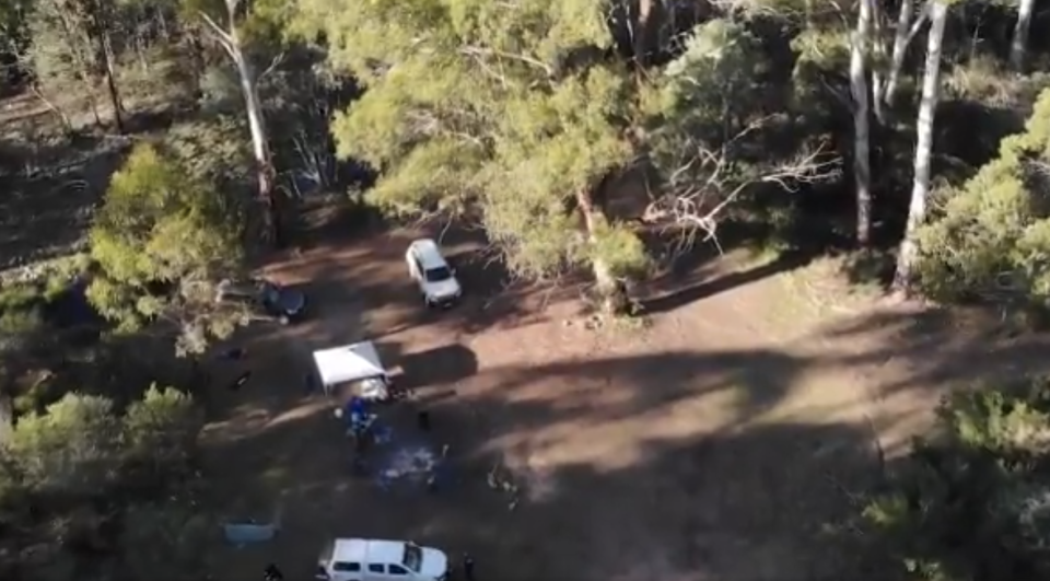 An aerial view of police at the Wonnangatta Valley site.