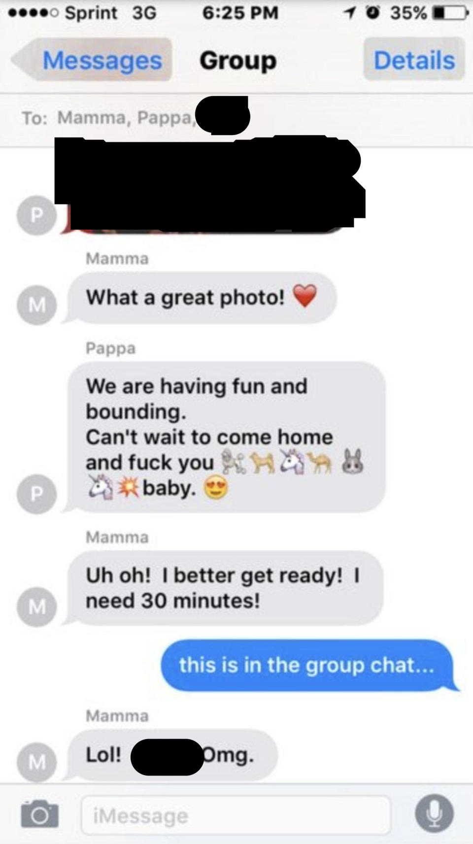 mom and dad talk about having sex when the dad gets home and the son lets them know it's a group chat
