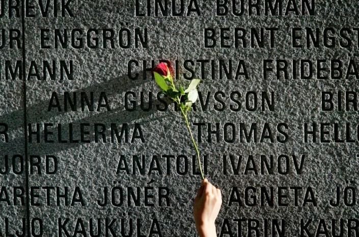 A granite wall in Stockholm bears the names of the victims of the 1994 sinking of the "Estonia" ferry (AFP Photo/JESSICA GOW)