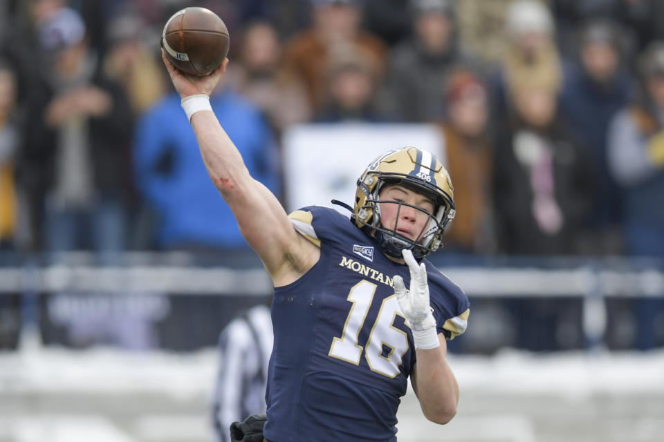 FILE - Montana State quarterback Tommy Mellott throws the ball during an NCAA college football game against South Dakota State in the semifinals of the FCS playoffs, Saturday, Dec. 18, 2021, in Bozeman, Mont. Montana State plays eight-time FCS champion North Dakota State in the national title game Saturday in Frisco, Texas. (AP Photo/Tommy Martino, File)