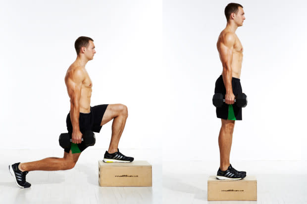 How to do it:<ol><li>Grasp a dumbbell in your right hand and stand on a step or block that raises you a few inches above the floor.</li><li>Step back with your right foot and lower your body until your left thigh is parallel to the floor and your rear knee nearly touches the floor.</li><li>Keep your torso upright. Step forward to return to the starting position. That's one rep.</li></ol>