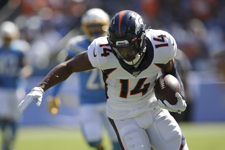 Denver Broncos wide receiver Courtland Sutton scores against the Los Angeles Chargers during the first half of an NFL football game Sunday, Oct. 6, 2019, in Carson, Calif. (AP Photo/Marcio Jose Sanchez)