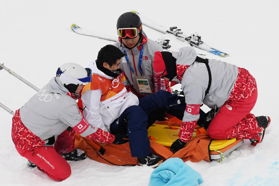 <p>Yuto Totsuka of Japan is attended to by medical staff after crashing in the during the Snowboard Men’s Halfpipe Final on day five of the PyeongChang 2018 Winter Olympics at Phoenix Snow Park on February 14, 2018 in Pyeongchang-gun, South Korea. (Photo by Matthias Hangst/Getty Images) </p>