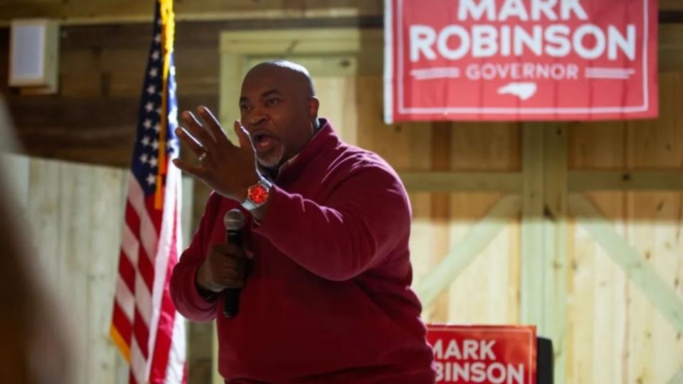 Mark Robinson addresses supporters during a Feb. 17 campaign event in Faison, North Carolina. Robinson, the state’s lieutenant governor, is the GOP nominee for governor. (Photo: Madeline Gray for The Washington Post via Getty Images)