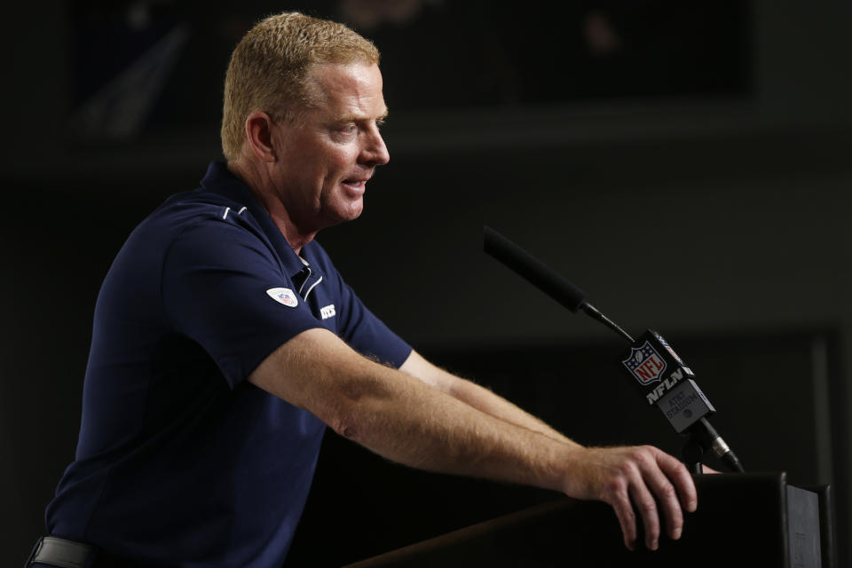 Dallas Cowboys head coach Jason Garrett speaks during a news conference following an NFL football game against the Los Angeles Rams in Arlington, Texas, Sunday, Dec. 15, 2019. (AP Photo/Ron Jenkins)