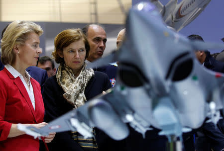 German Defense Minister Ursula von der Leyen and French Minister of the Armed Forces Florence Parly visit the ILA Air Show in Berlin, Germany, April 26, 2018. REUTERS/Axel Schmidt