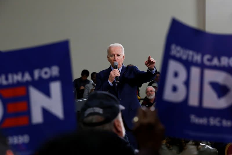Democratic U.S. presidential candidate and former U.S. Vice President Joe Biden speaks during a campaign event in Sumter