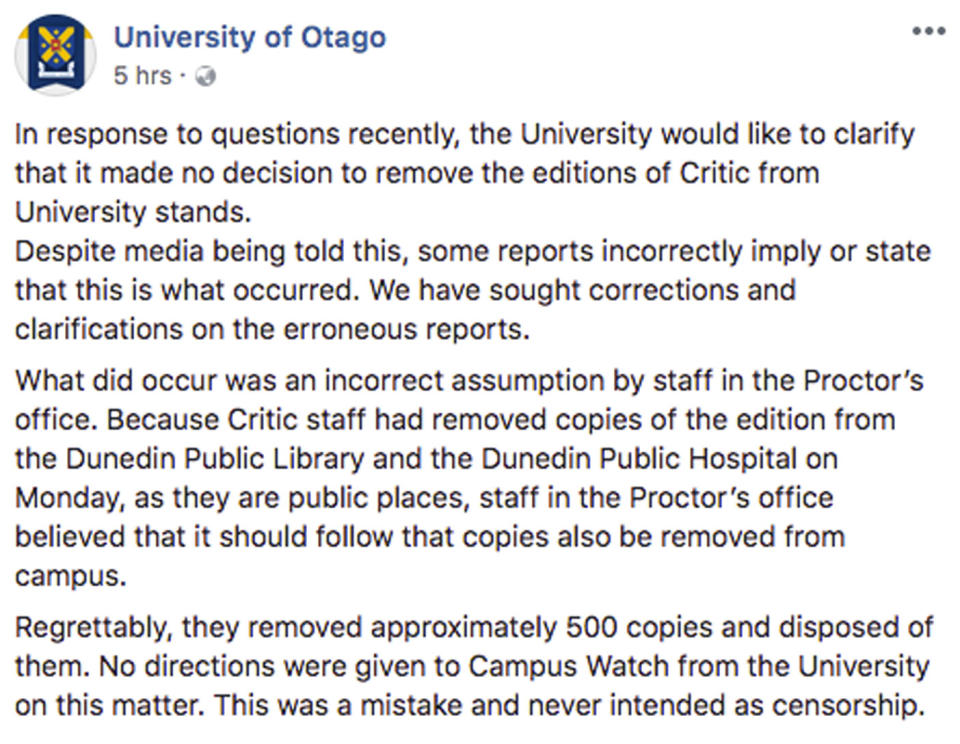 On Wednesday the university issued a statement saying the Critic issue wasn’t removed and its disappearance was a mistake. Photo: Facebook