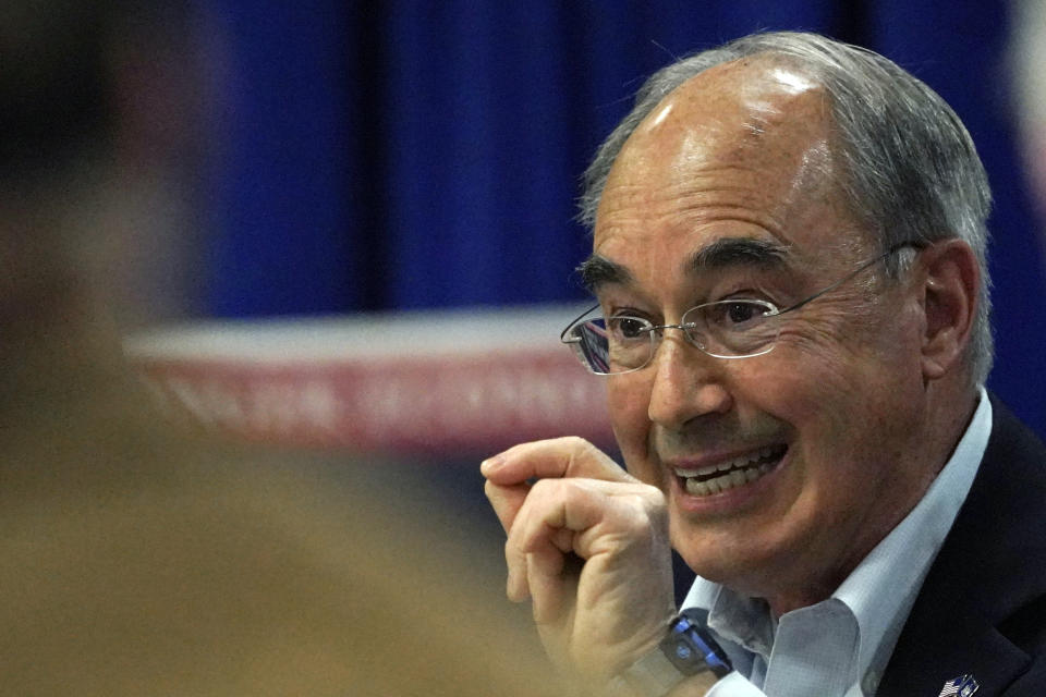 Bruce Poliquin, Republican candidate for Maine's 2nd Congressional District, speaks at a forum, Friday, Oct. 21, 2022, in Lewiston, Maine. Poliquin is challenging Rep. Jared Golden, a Democrat. (AP Photo/Robert F. Bukaty)