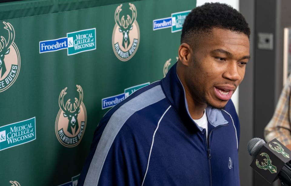 Bucks superstar Giannis Antetokounmpo talks about his contract extension at the team’s training facility Tuesday.