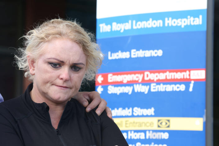 Hollie Dance, mother of 12-year-old Archie Battersbee, speaks to the media outside the Royal London hospital in Whitechapel, east London, after the European Court of Human Rights refused an application to postpone the withdrawal of his life support, Wednesday, Aug. 3, 2022. The family of a 12-year-old boy who has been in a coma for four months expects a London hospital to begin withdrawing life-sustaining treatment. His parents have exhausted their legal options in a battle over his care. (James Manning/PA via AP)