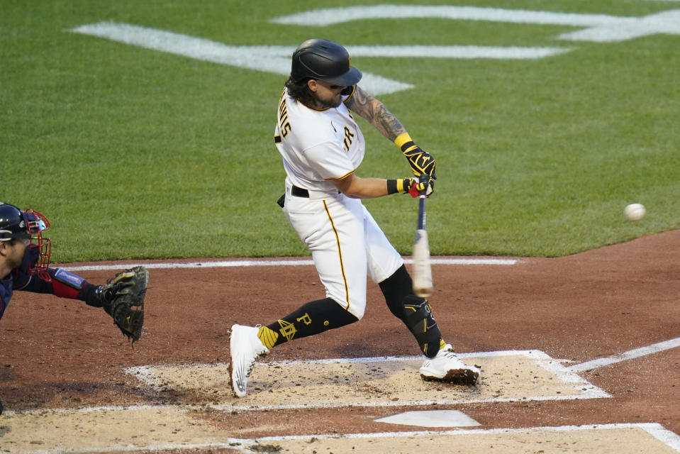 Pittsburgh Pirates' Michael Chavis drives a pitch from Atlanta Braves starting pitcher Max Fried for a solo home run during the first inning of a baseball game, Tuesday, Aug. 23, 2022, in Pittsburgh. (AP Photo/Keith Srakocic)