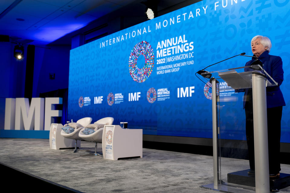 Treasury Secretary Janet Yellen speaks during the 2022 annual meeting of the IMF and the World Bank Group in Washington, Wednesday, Oct. 12, 2022. (AP Photo/Andrew Harnik)