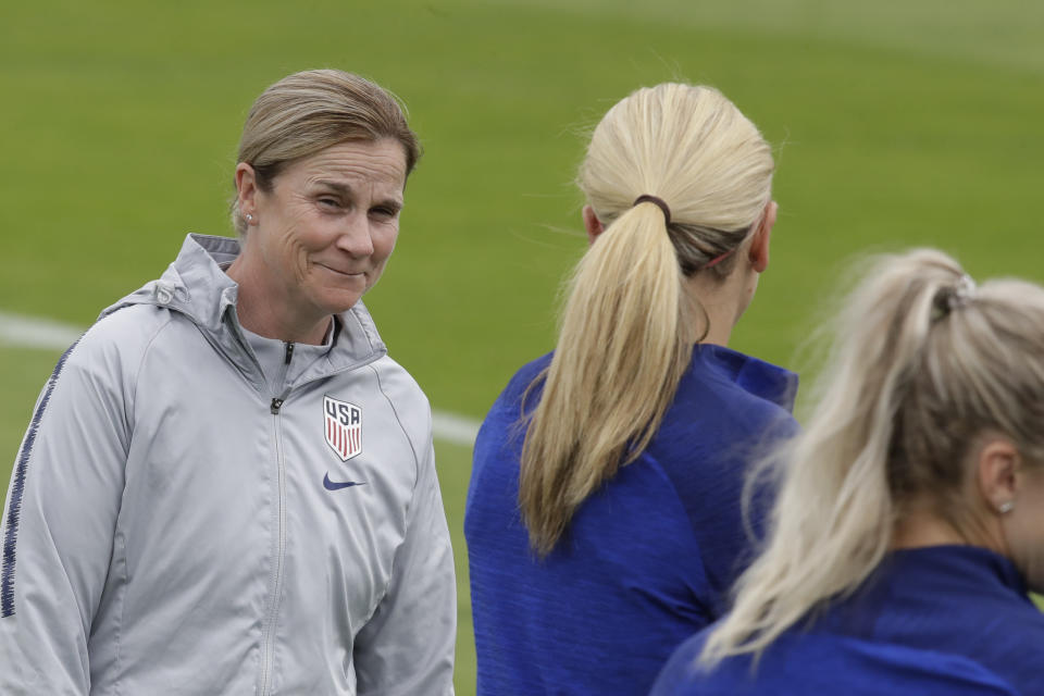 United States coach Jill Ellis arrives for a training session at the Terrain d'Honneur Lucien Choine stadium a day before the Group F soccer match between United States and Chile at the Women's World Cup in Paris, Saturday, June 15, 2019. (AP Photo/Alessandra Tarantino)