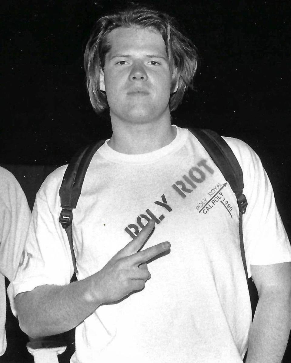 Cal Poly student David Ames wears one of the ‘Poly Riot’ T-shirts that were on sale after the riots at Hathway and California.