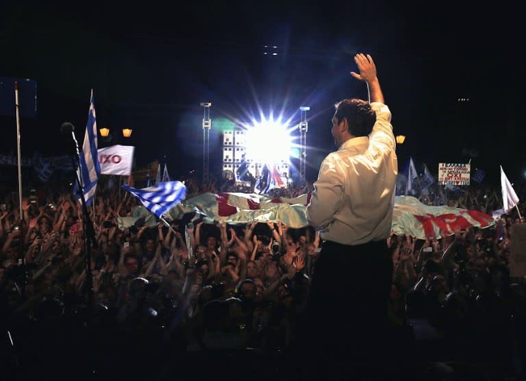 Greek Prime Minister Alexis Tsipras addresses an anti-austerity rally at the Syntagma square in Athens on July 3, 2015