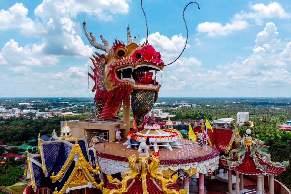 Aerial close-up of top floor of Wat Samphran Temple in Nakhon Pathom, Thailand.