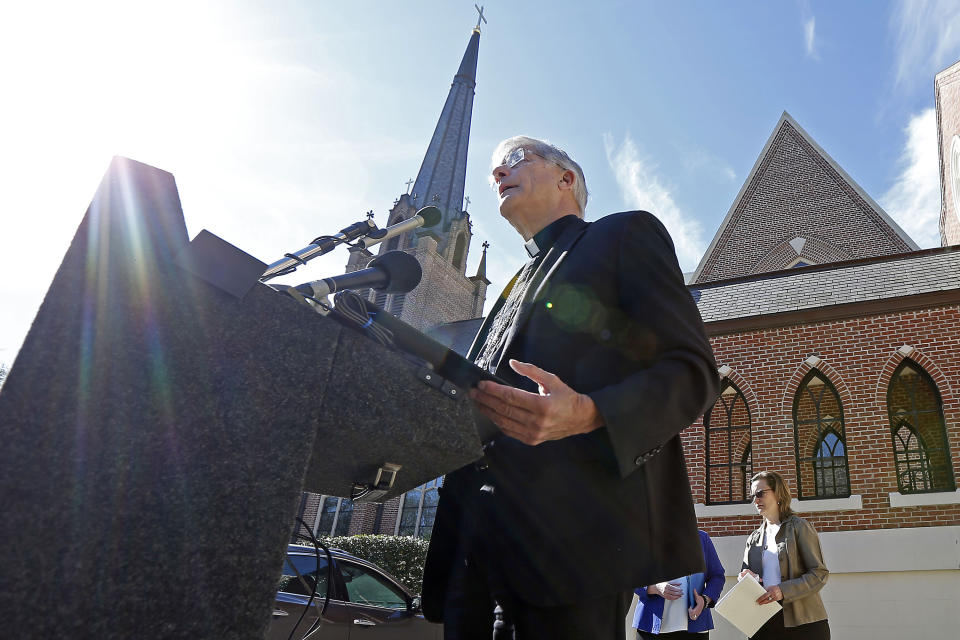 Bishop Joseph Kopacz speaks about the Diocese of Jackson releasing names of clergy members it says have been credibly accused of sexual abuse on its website, during a news conference in the parking lot of The Cathedral of St. Peter the Apostle Catholic Church, in Jackson, Miss., Tuesday, March 19, 2019. (AP Photo/Rogelio V. Solis)