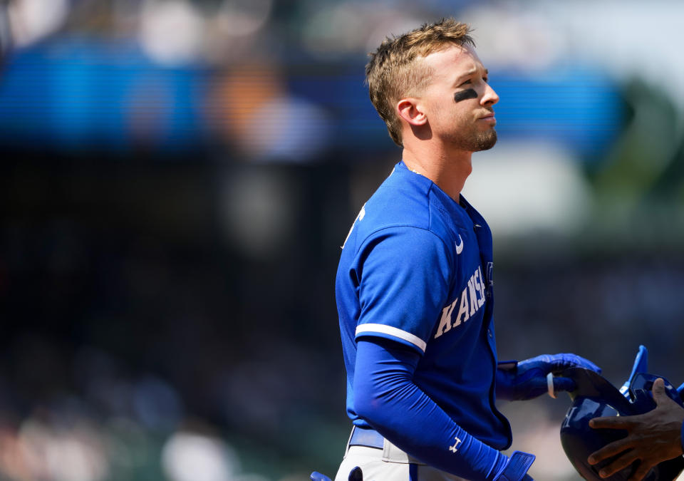 Kansas City Royals' Drew Waters reacts to popping out to end the top of the seventh inning of a baseball game against the Seattle Mariners, Sunday, Aug. 27, 2023, in Seattle. (AP Photo/Lindsey Wasson)