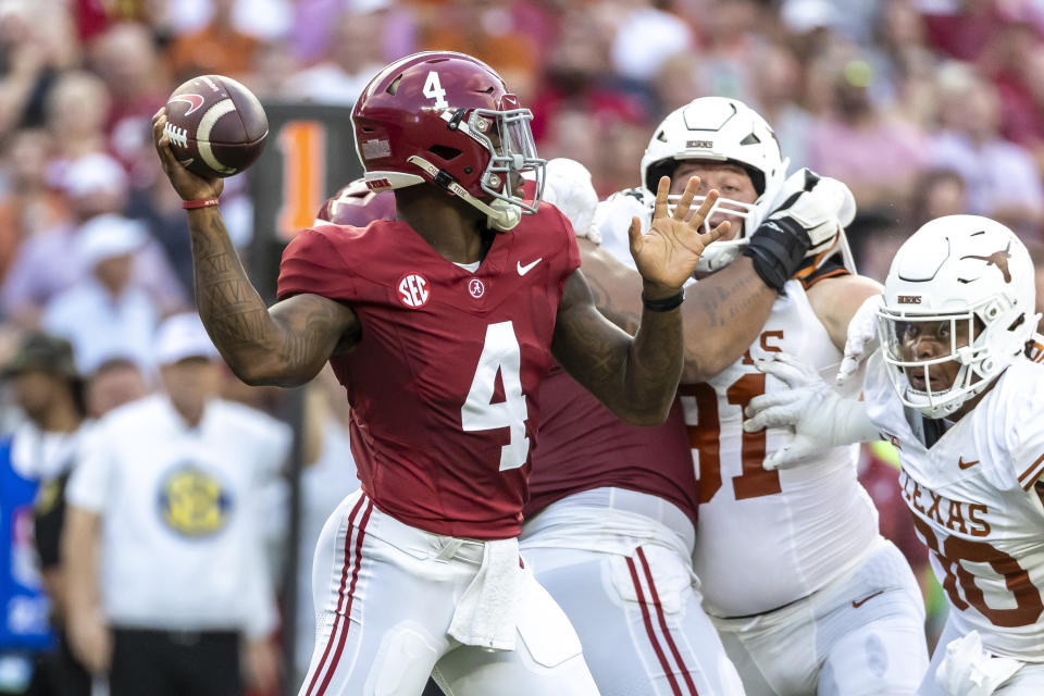 After he was benched for one game, Alabama quarterback Jalen Milroe (4) is back in the starting role for this week's game against Ole Miss. (AP Photo/Vasha Hunt)