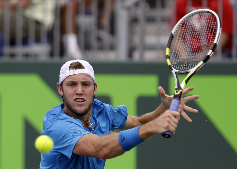 Jack Sock, of the United States, prepares return to Guido Pella, of Argentina, during a match at the Sony Open tennis tournament in Key Biscayne, Fla., Thursday, March 20, 2014. Sock won 6-3, 6-4 (AP Photo/Alan Diaz)