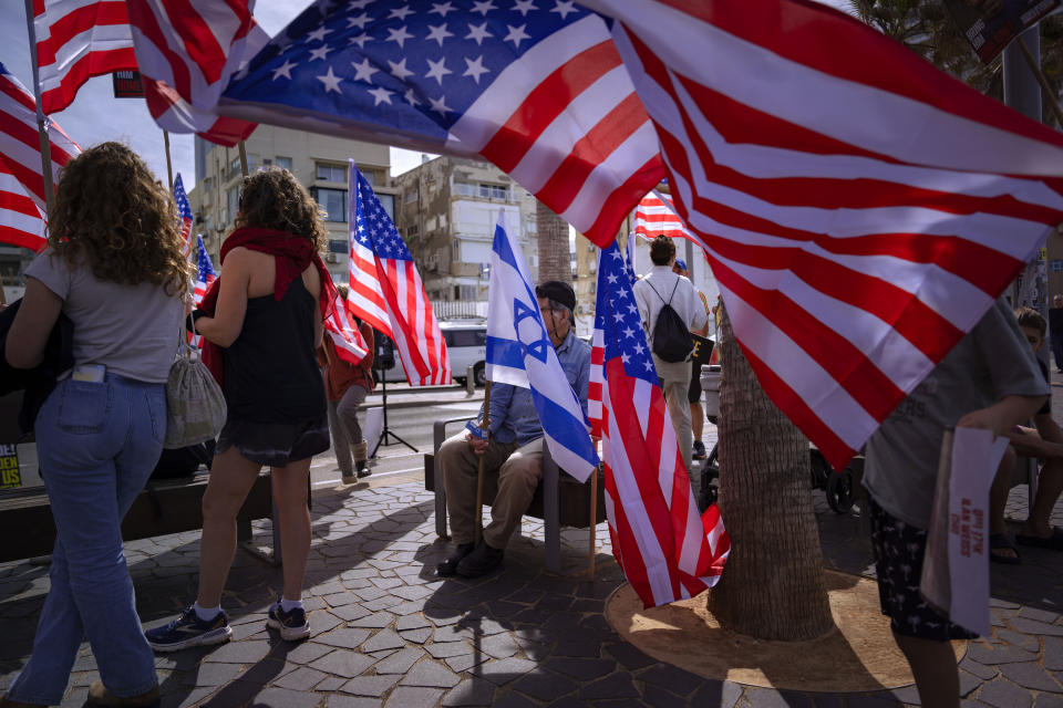 Israelis demonstrate to demand the release of the hostages from Hamas captivity in the Gaza Strip, during a protest outside of the U.S. Embassy Branch Office in Tel Aviv, Israel, Friday, March 1, 2024. (AP Photo/Oded Balilty)