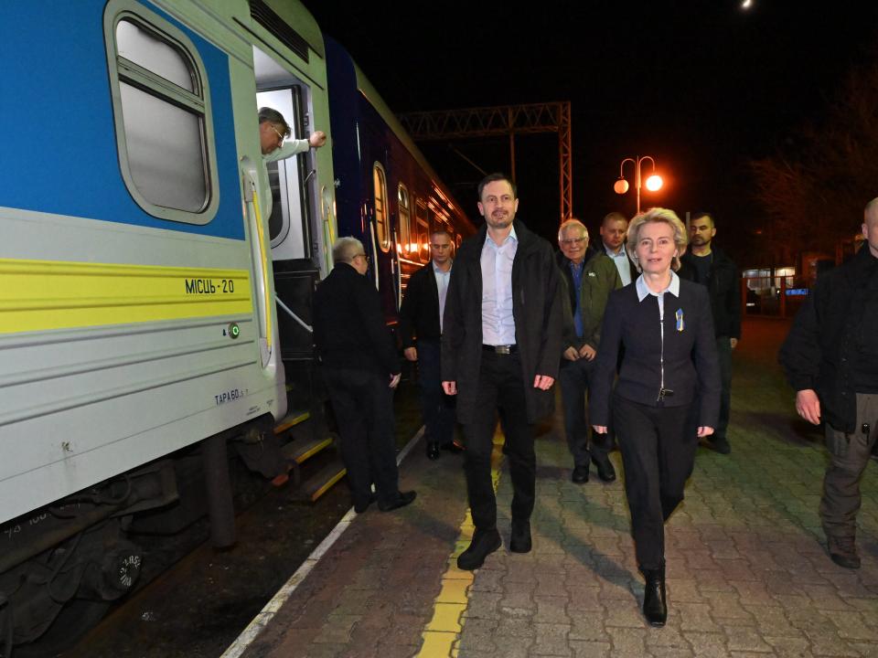 European Commission President Ursula von der Leyen and European Union High Representative for Foreign Affairs and Security Policy Josep Borrell on a train station near Kyiv.