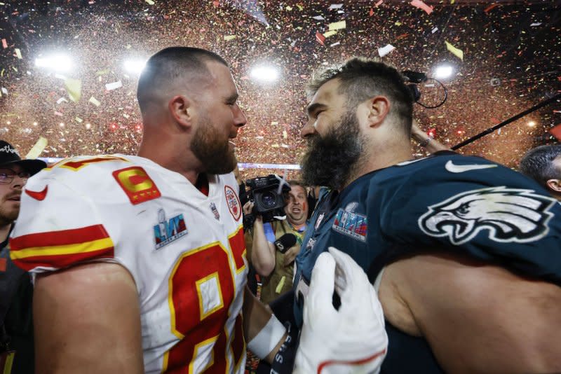 Jason Kelce (R) and Travis Kelce celebrate at Super Bowl LVII in February. File Photo by John Angelillo/UPI