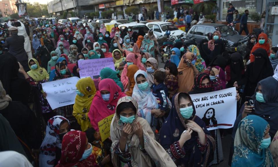 Protesters attend a demonstration on 24 December in Karachi, Pakistan, after human rights activist Karima Baloch was found dead in Canada.