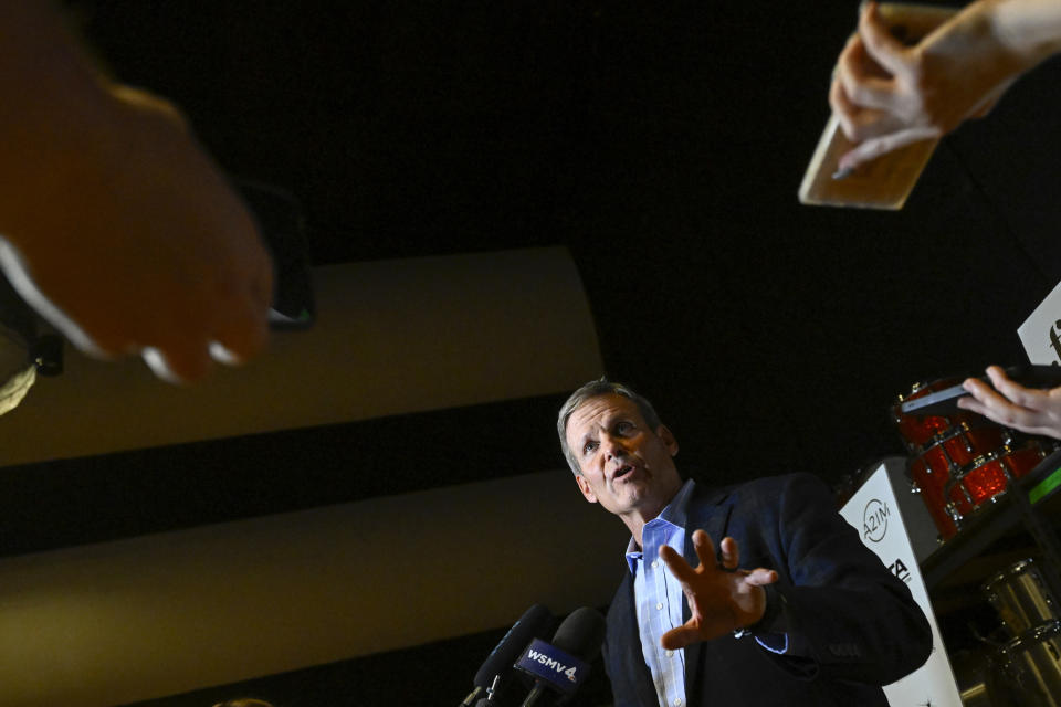 Tennessee Governor Bill Lee speaks to media after a news conference at RCA Records announcing new legislation designed to protect songwriters, performers and other music industry professionals against the potential dangers of artificial intelligence., Wednesday, Jan. 10, 2024, in Nashville, Tenn. (AP Photo/John Amis)