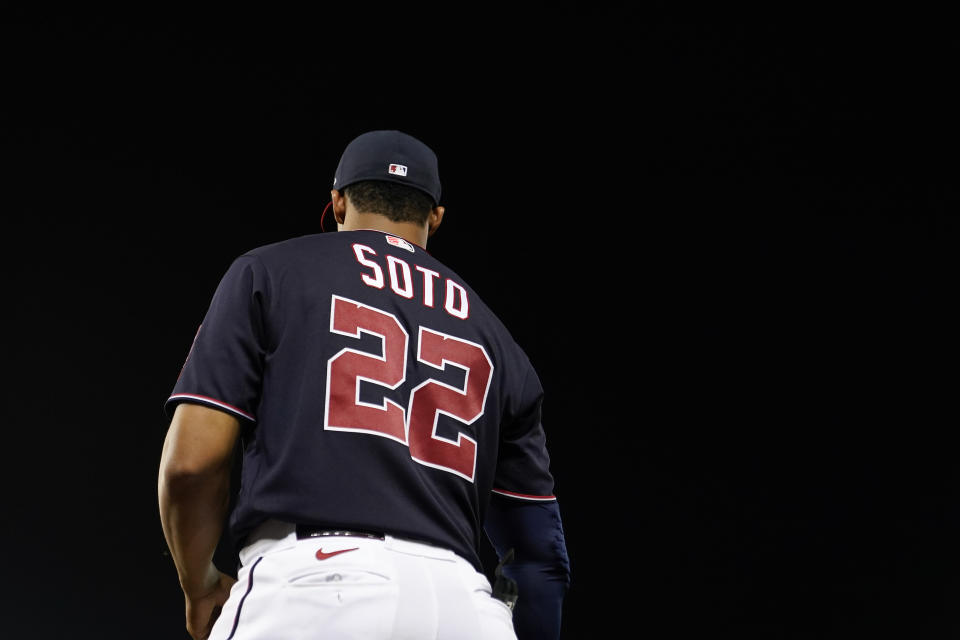 La star dei Washington Nationals Juan Soto è al centro dell'attenzione alla scadenza degli scambi.  (Foto AP/Patrick Semansky)