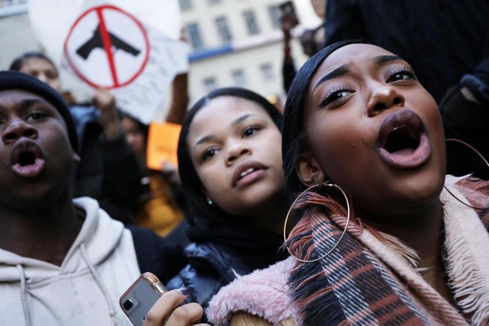 Students from surrounding schools gather at Zuccotti Park in lower Manhattan during the school walkout on March 14 (Getty Images)