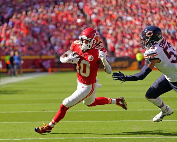 Kansas City Chiefs running back Isiah Pacheco (L) eclipsed 150 yards from scrimmage in Week 4, but I don't expect his production to reach that level in Week 5. File Photo by Jon Robichaud/UPI