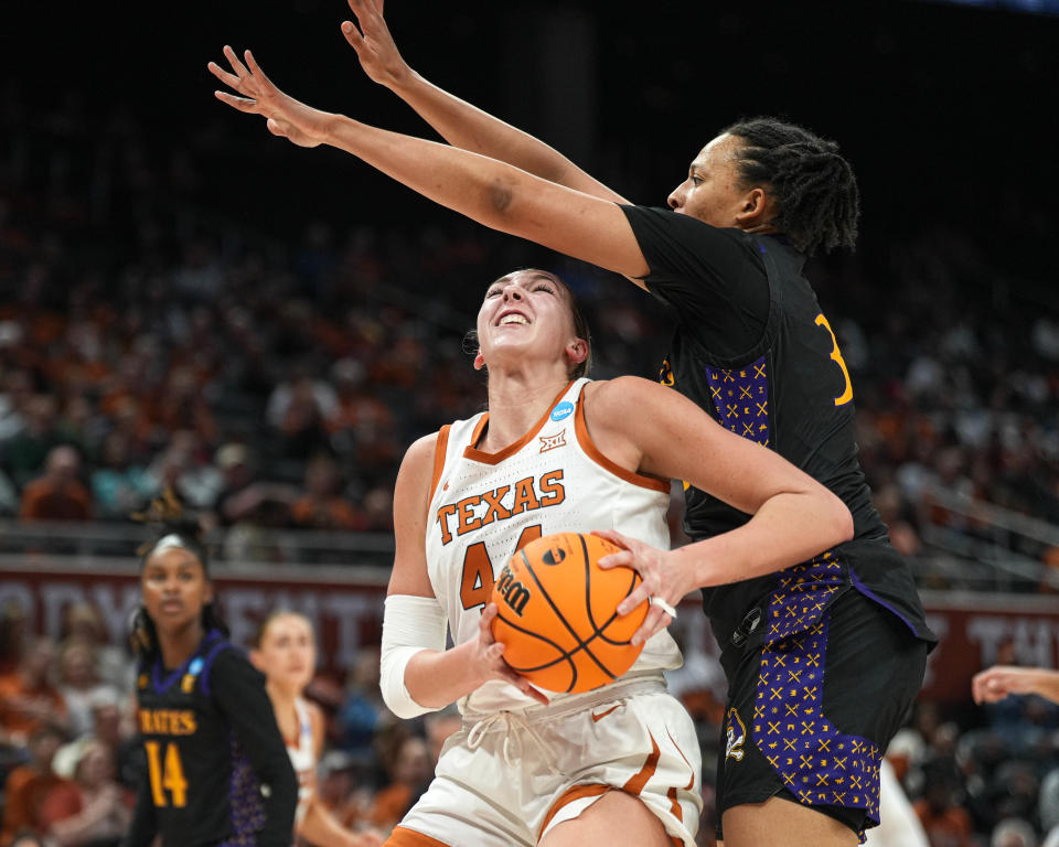 Texas post Taylor Jones scored 16 points and grabbed eight rebounds in Saturday's 79-40 first-round NCAA tourney win over East Carolina. But she also took her share of bumps and bruises. “It's just the post life,” Jones said. “We get beat up down there.”