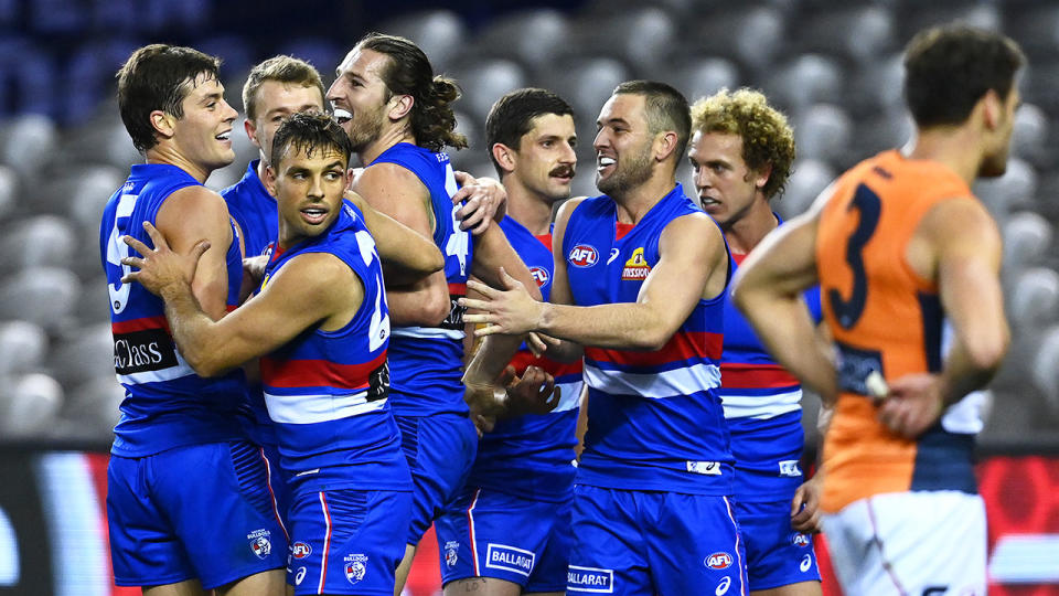 Pictured here, the Western Bulldogs celebrate during their win over GWS.