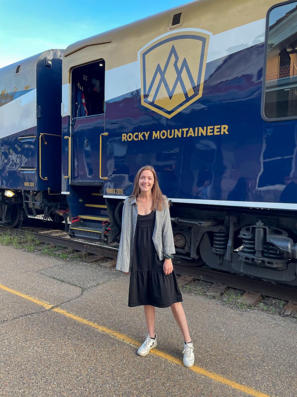 The author in front of the Rocky Mountaineer.