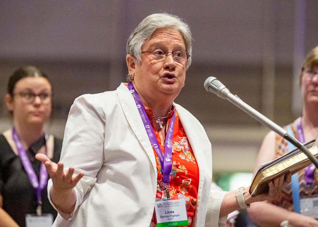 Linda Barnes Popham speaking at the Southern Baptist Convention at the New Orleans Ernest N Morial Convention Center. Tuesday, June 13, 2023.