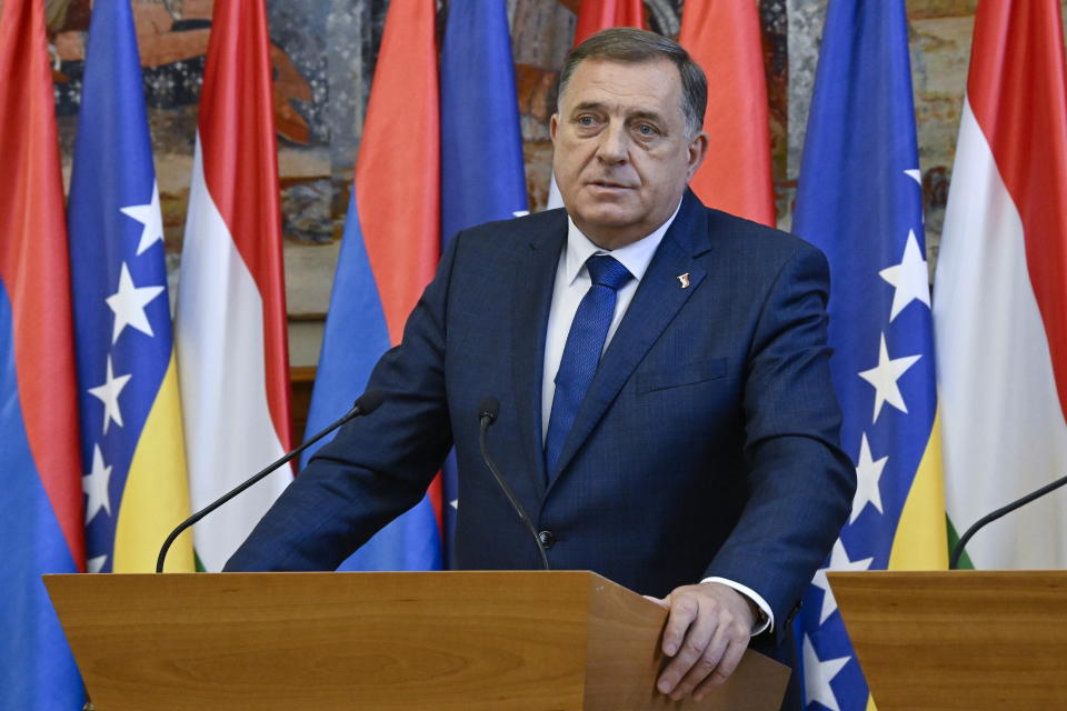 Bosnian Serb leader serving as the 8th President of Republika Srpska, Milorad Dodik speaks during a joint press conference with Hungarian Minister of Foreign Affairs and Trade Peter Szijjarto during their meeting in the latter's office in Budapest, Hungary, Wednesday, May 15, 2024. (Szilard Koszticsak/MTI via AP)