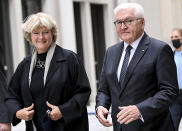 Germany’s President Frank-Walter Steinmeier, right, and Monika Grutters, Minister of State for Culture, attends the ceremony marking the exhibition opening of the Ethnological Museum, the Museum of Asian Art of the National Museums in Berlin/Prussian Cultural Heritage Foundation and the Humboldt Forum Foundation at the Berlin Palace, Berlin, Germany, Wednesday Sept. 22, 2021. (Britta Pedersen/dpa via AP)